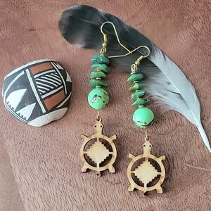 Southwestern Green Turquoise With Wooden Turtle Earrings Boho Festival Rodeo